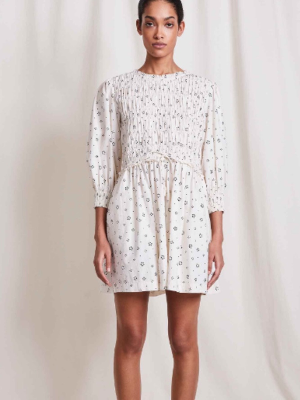 Apiece Apart NYC Floral Print Aldea Smocked Mini Dress, Ivory/Black, Size Medium